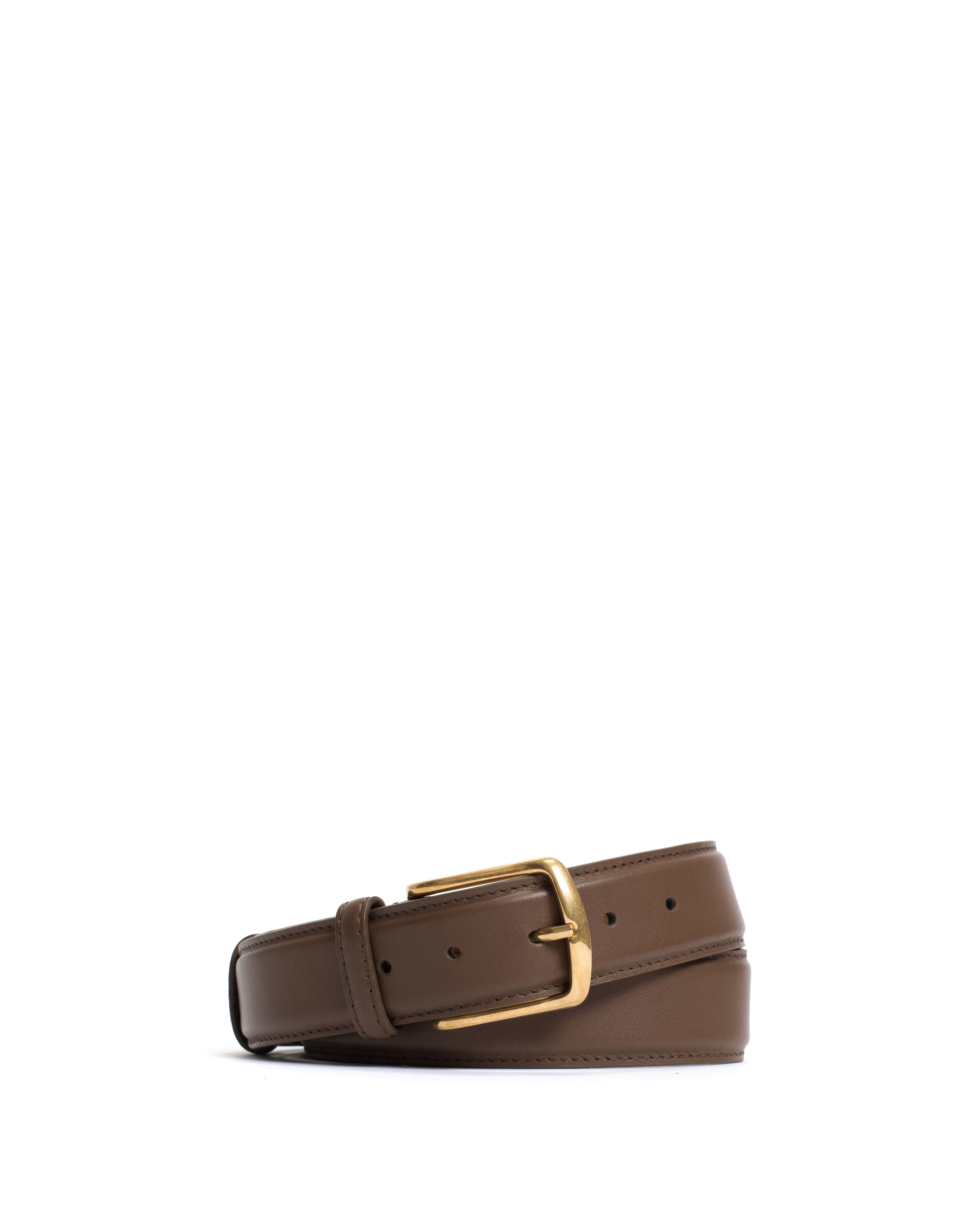 Quinn classic unisex leather belt Soft calf & metal Dark taupe & gold buckle