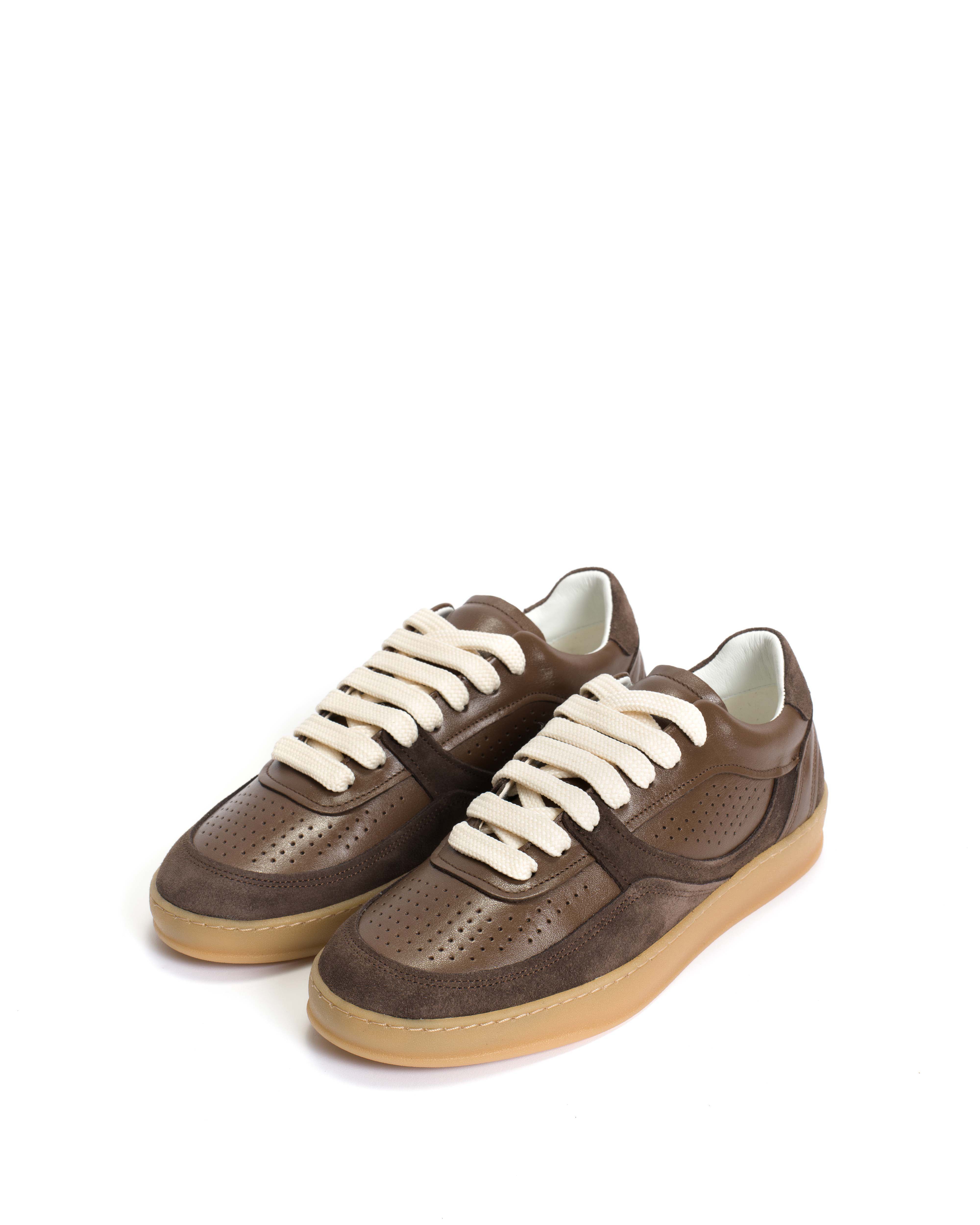 Elevate Calf suede & sleek leather Dark taupe & coffee brown
