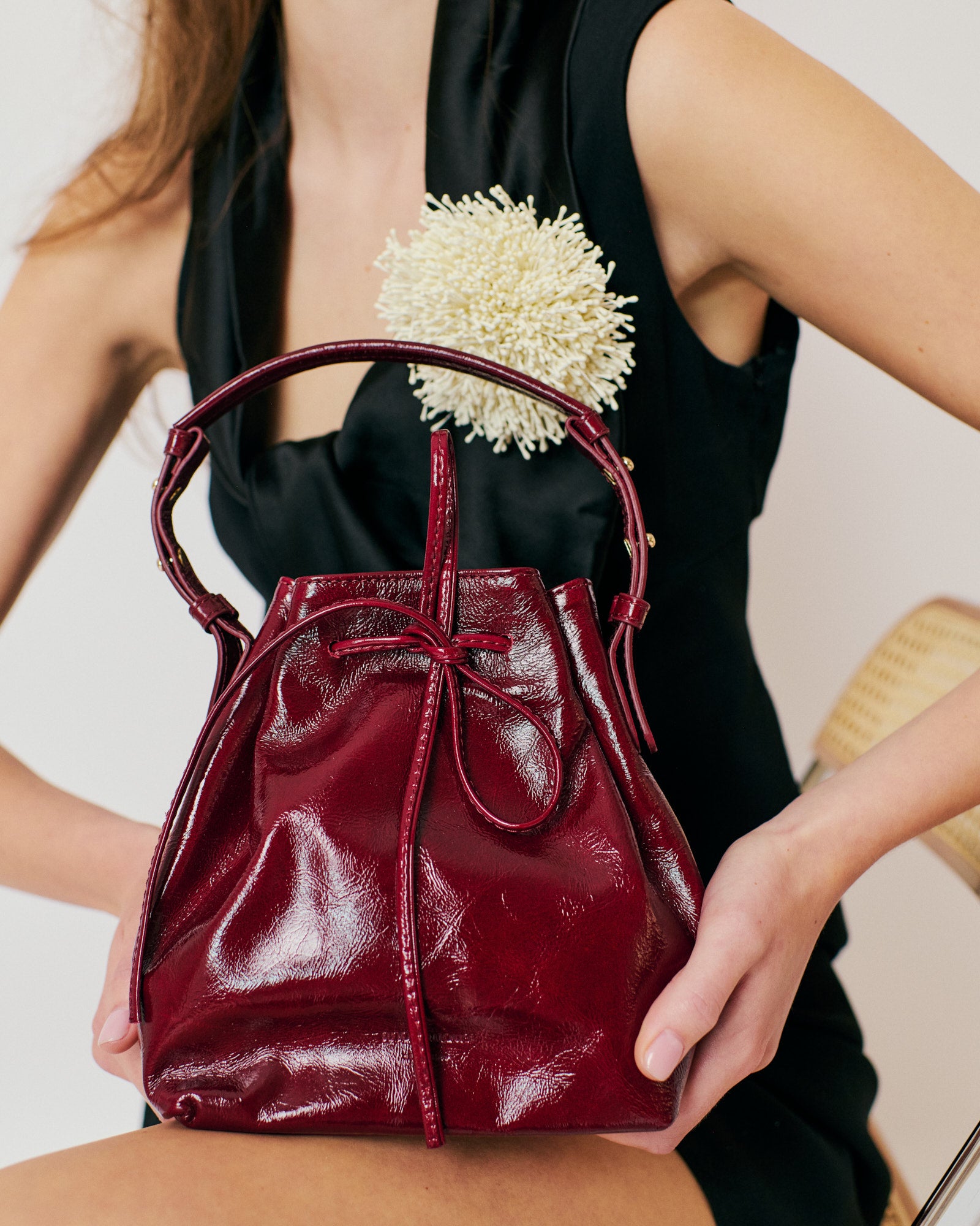 Kacey petite bucket bag Crinkled polished goat Pomegranate