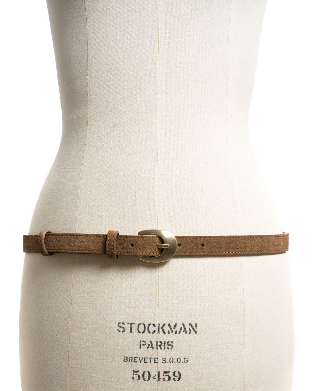 Aris unisex leather belt Calf suede & metal Cinnamon & gold buckle