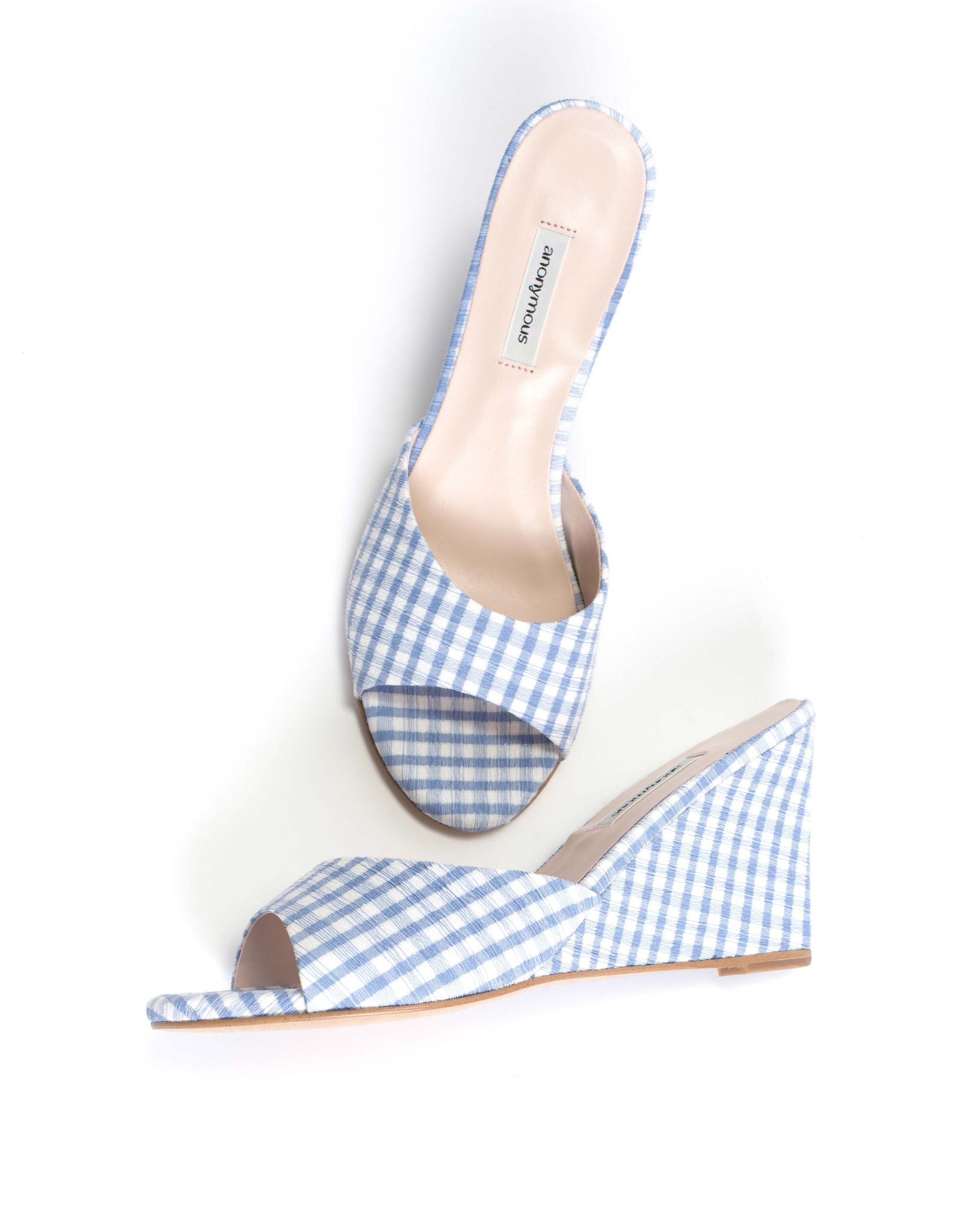 Gwen 75 wedge Pleated gingham vegan Bubble blue - Anonymous Copenhagen