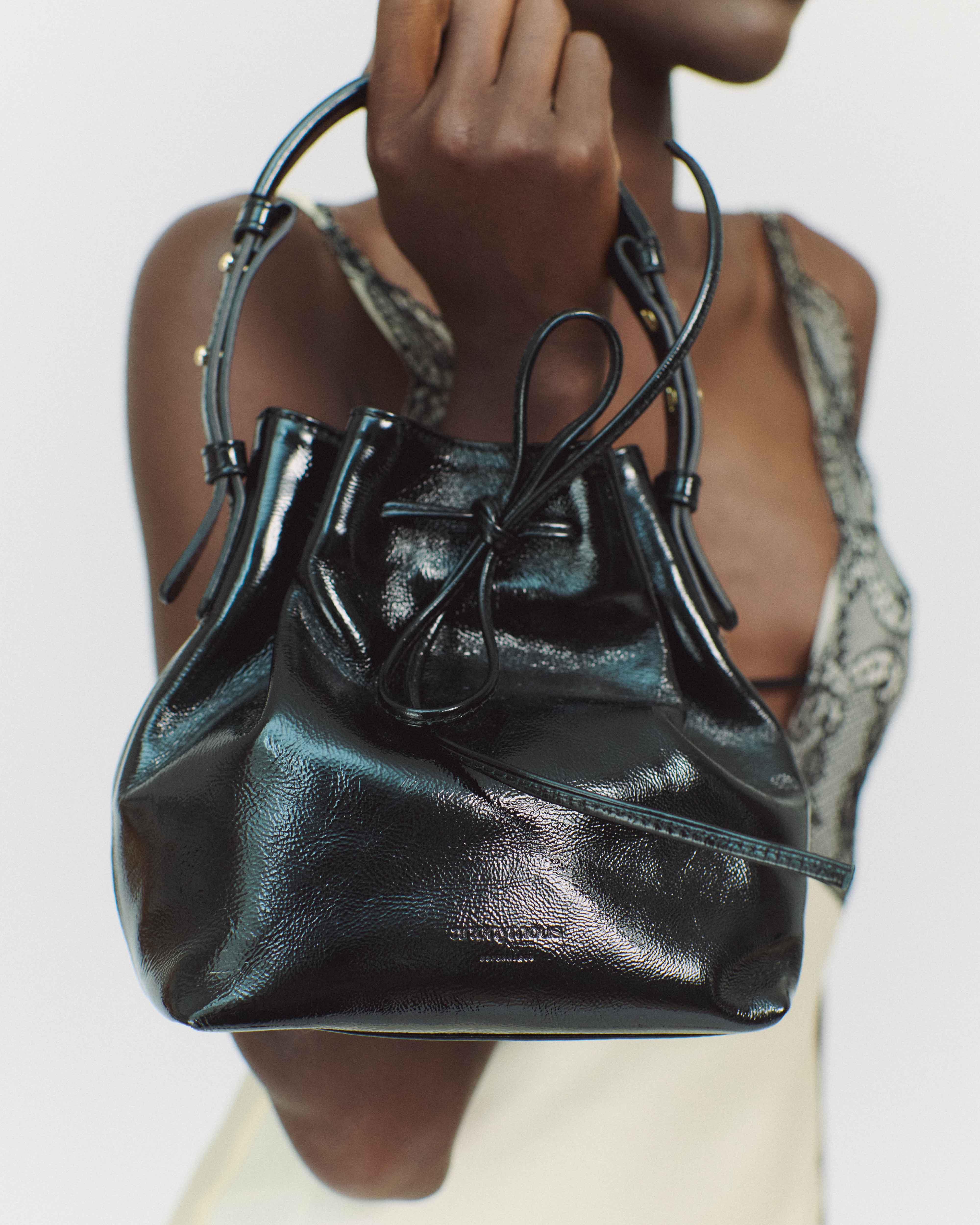 Kacey petite bucket bag Crinkled polished goat Black