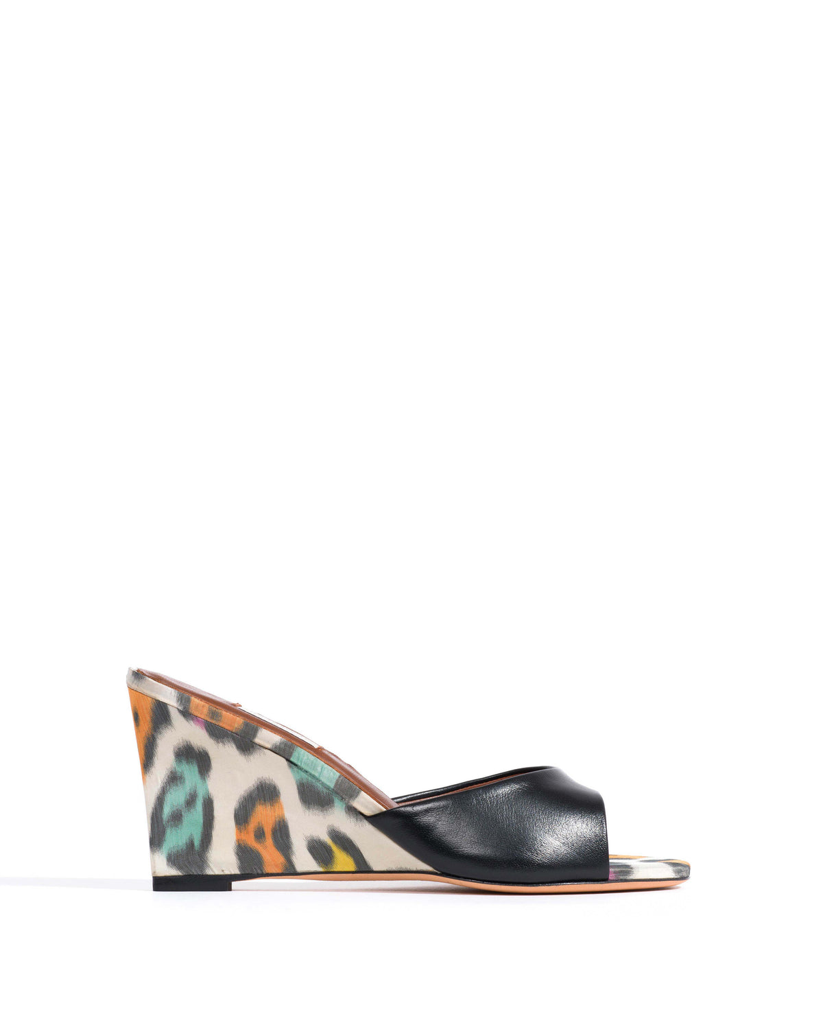 Gwen 75 wedge Shiny lamb & satin print Black & multicolor leopard