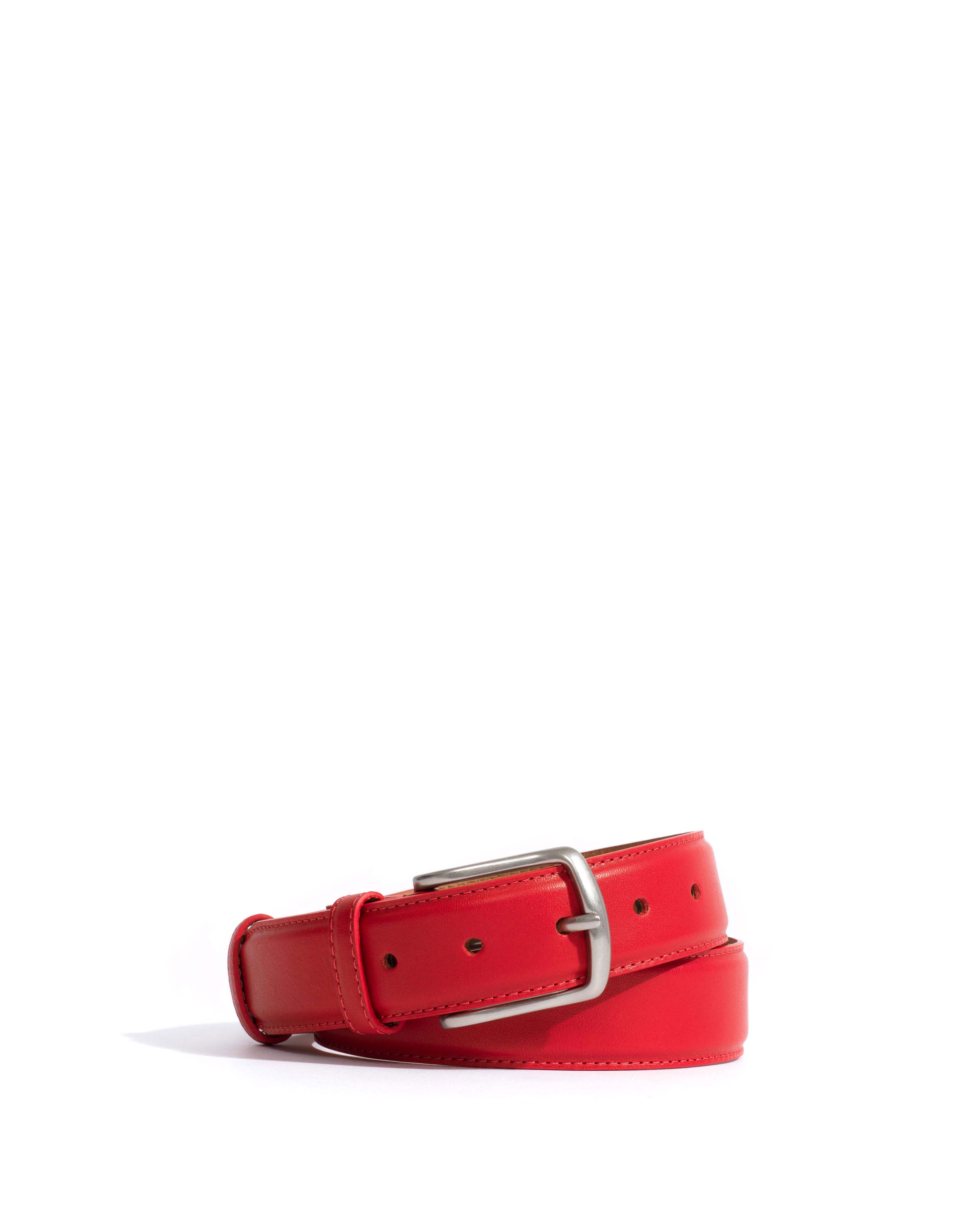 Quinn classic unisex leather belt Soft calf & metal Ruby red & silver buckle